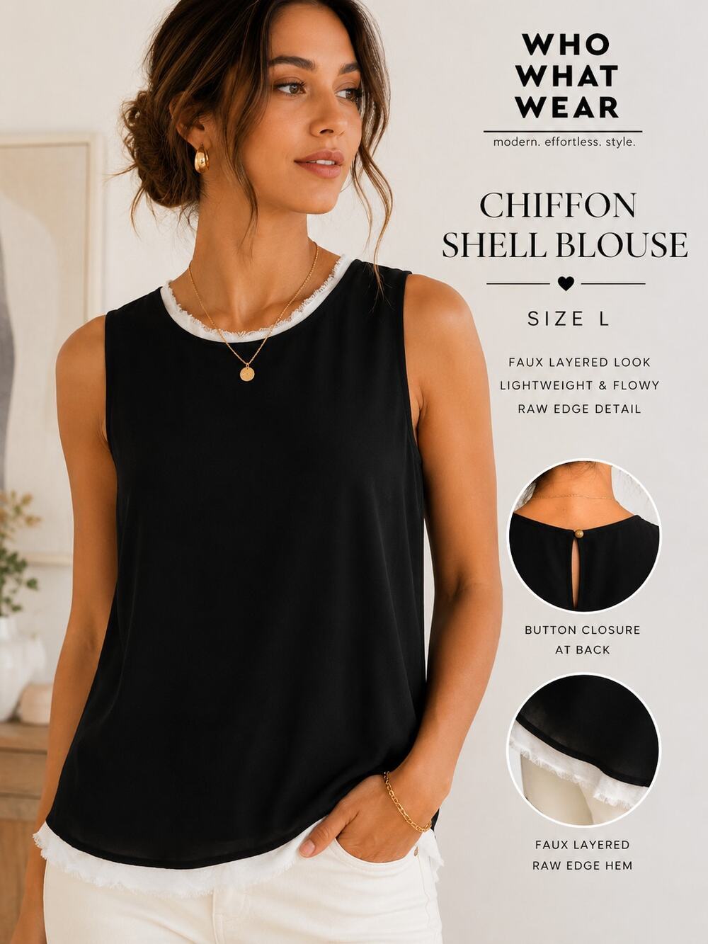 Who What Wear Black Chiffon Faux Layered Shell Tank Blouse Large